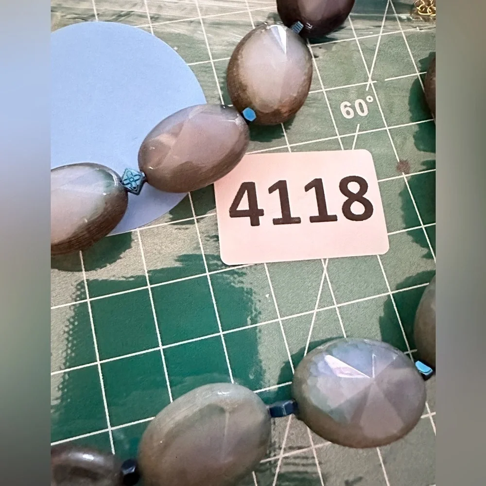 Necklace Natural Agate Gemstone Dyed Blue Oval Hand Knotted Gold Tone Clasp 4118